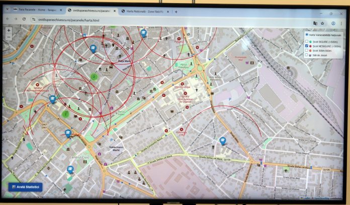 Detaliu harta distribuției școlilor și păcănelelor în orașul Sibiu