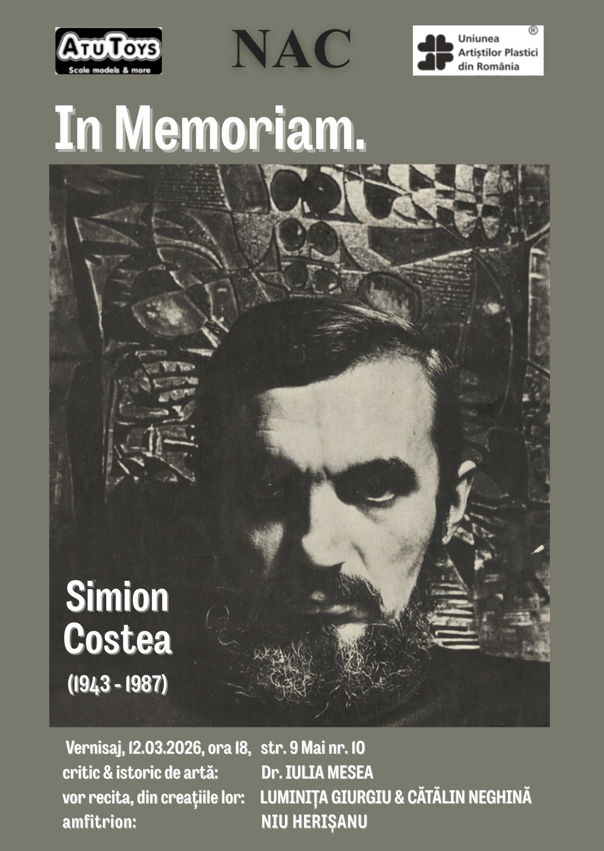 Afis expozitie In Memoriam Simion Costea la Galeria Atu Toys / NAC Sibiu