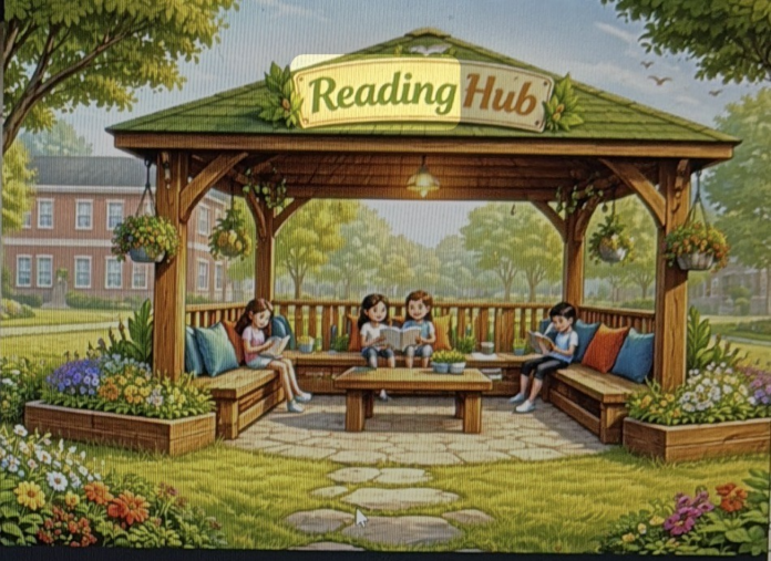 Copii citesc cărți la Reading Hub Sadu, un spațiu inovator pentru lectură sub cerul liber.