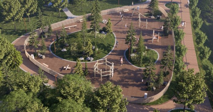 Spațiu verde amenajat cu piste și bancuri în proiectul din Vasile Aaron, Sibiu