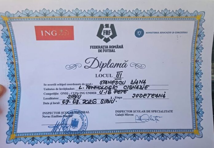 Echipa de fotbal ONSS U18 a Liceului Tehnologic Cisnădie, câștigătoare locul trei