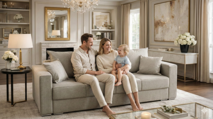 Canapea modernă într-un living open space, cu design spațios și stil contemporan