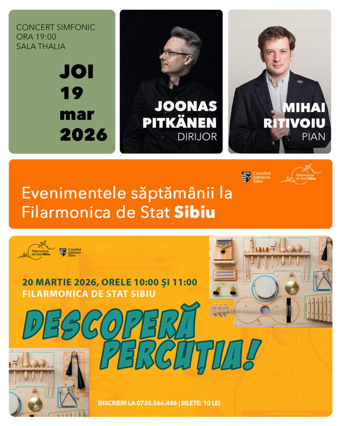 Pianistul Mihai Ritivoiu la percuție în timpul unui concert la Filarmonica de Stat Sibiu