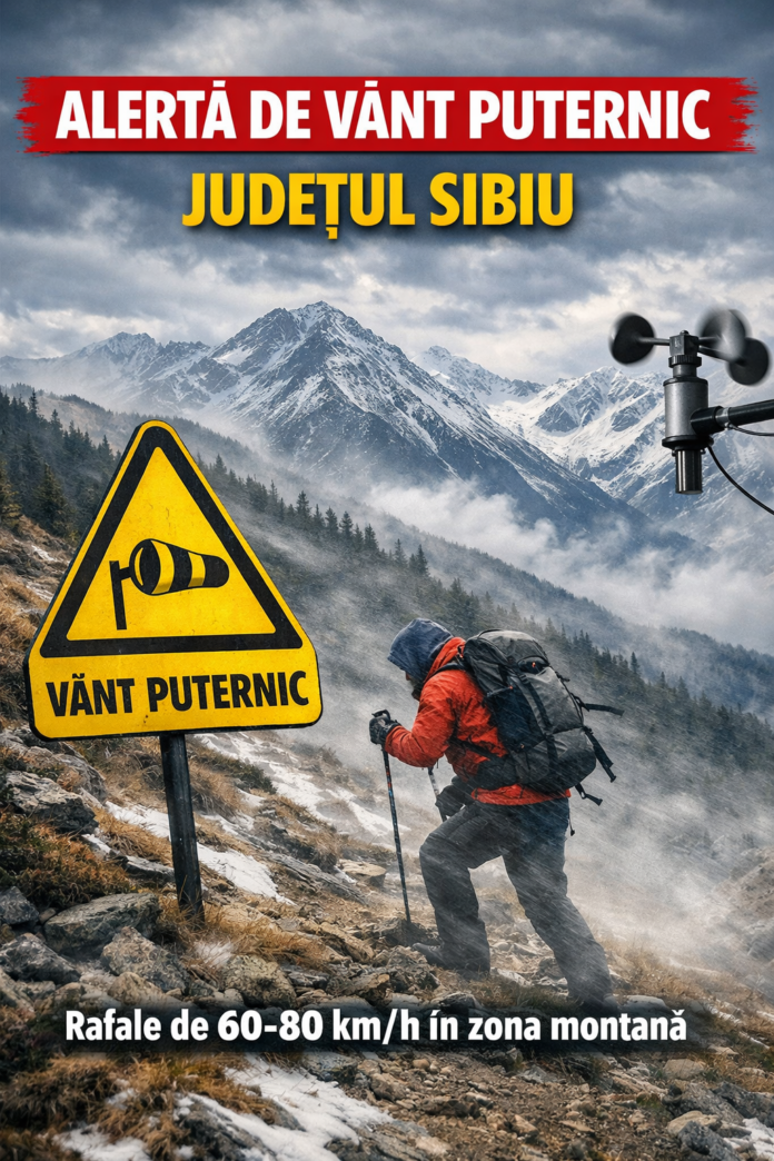 Harta meteo cu avertizare de vânt puternic pentru județul Sibiu și zonele înconjurătoare