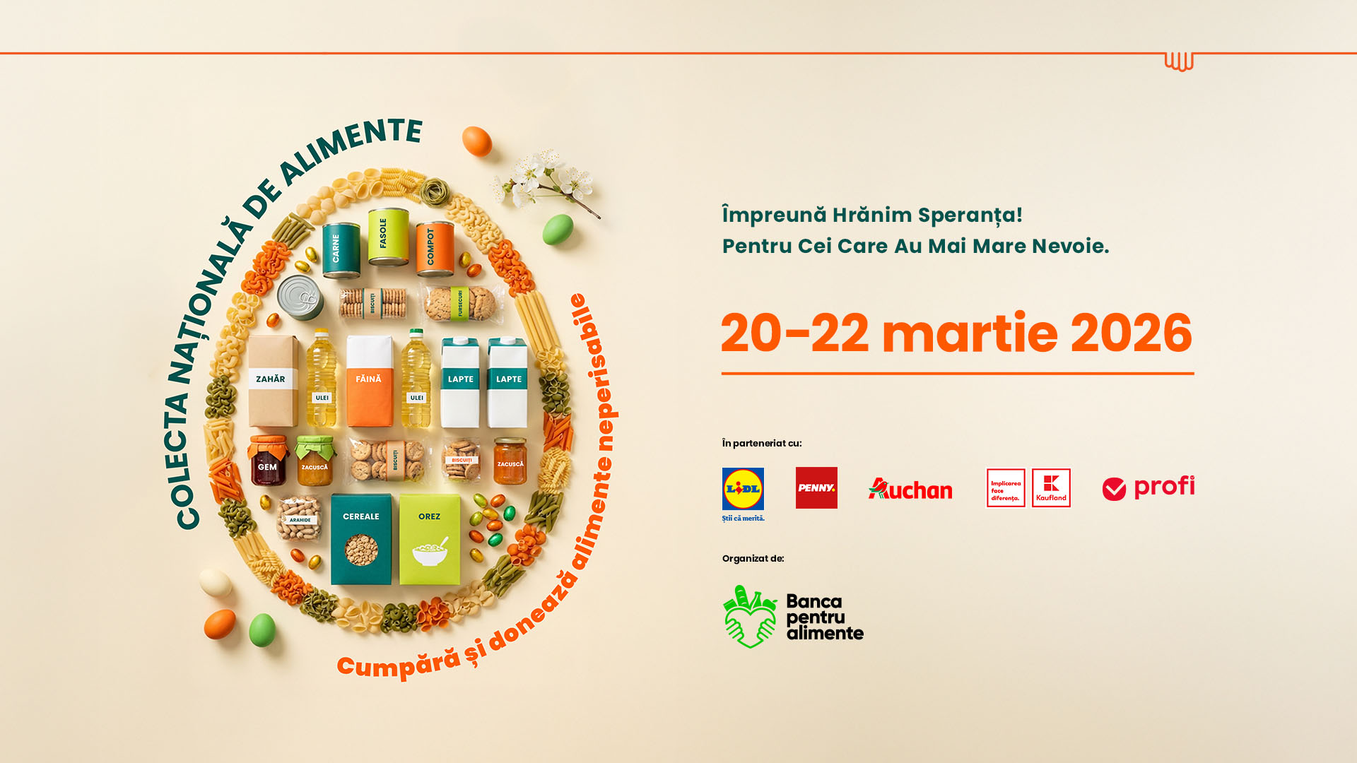 Banner Colecta Națională de Alimente cu voluntari și sloganul „Împreună hrănim speranța”