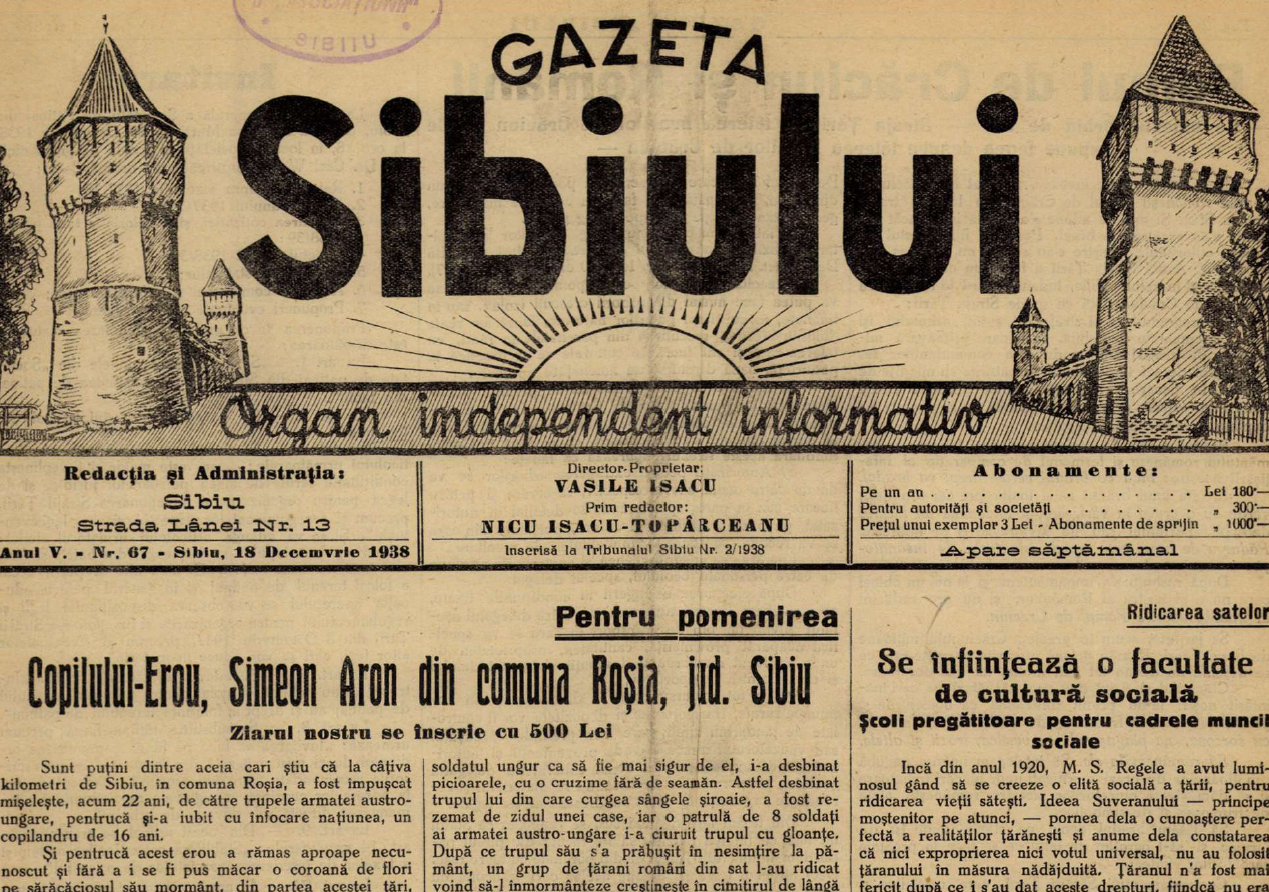 Simeon Aron, copilul-erou din Roșia, așa cum a apărut în Gazeta Sibiului