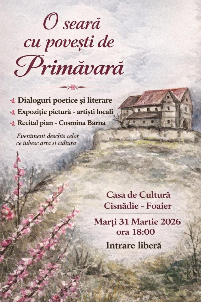 Seară culturală primăvăratică la Cisnădie, cu participanți și decor festiv