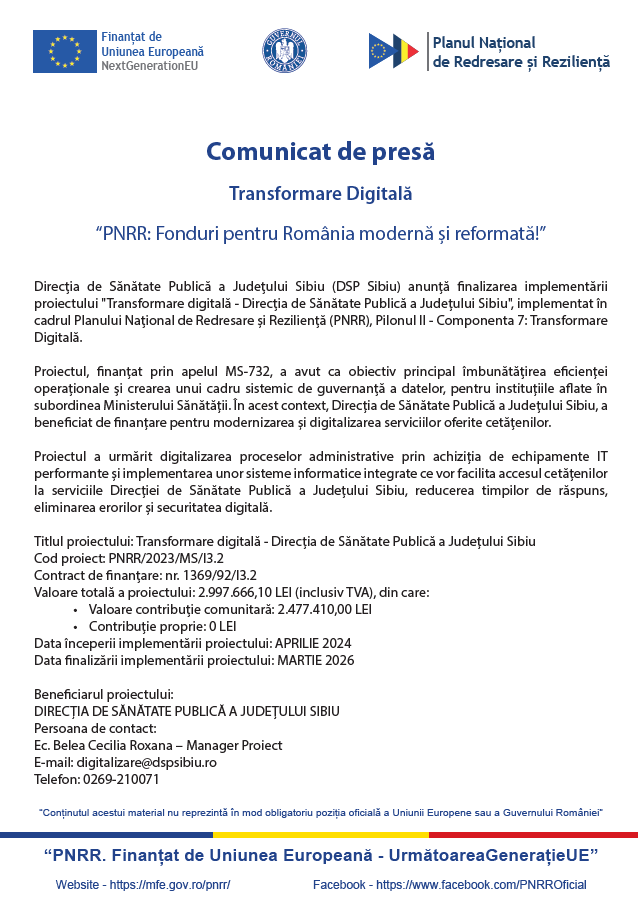 Comunicat de presă: Transformare Digitală – „PNRR: Fonduri pentru România modernă și reformată!”