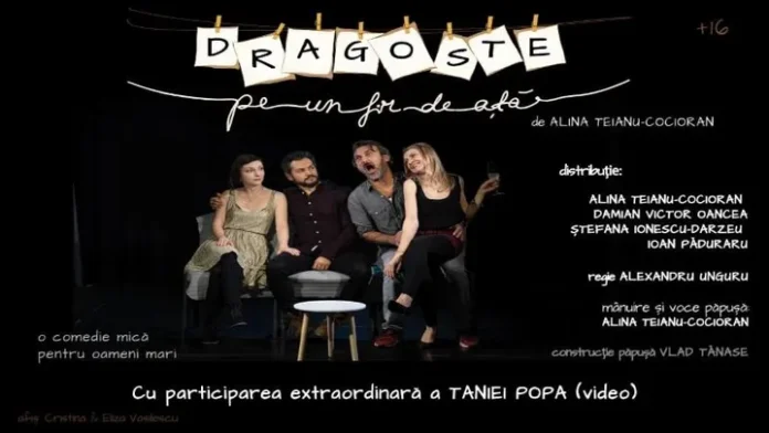 Scenă din piesa de teatru Dragoste pe-un fir de ață, cu actorii în timpul unui moment comic