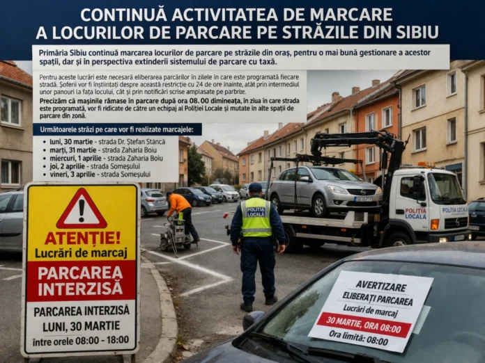 Lucrări de marcare parcare în Sibiu pe un trotuar lângă mașini parcate