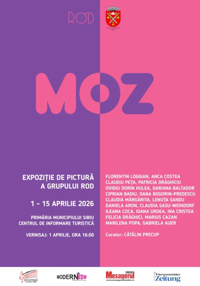 Afis expoziție pictură Moz în culorile mov și roz, la Primăria Sibiu