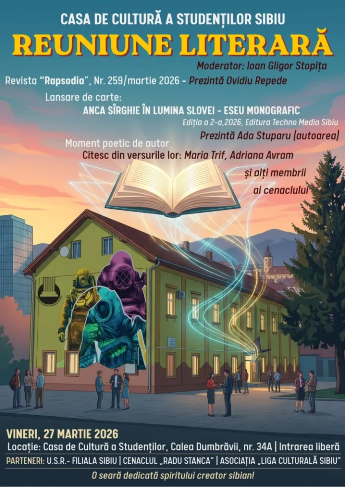 Public la un eveniment literar în Sibiu, în sala Casei de Cultură a Studenților