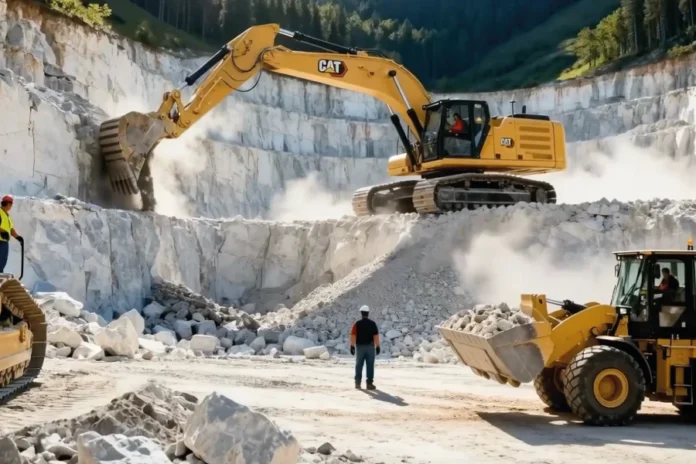 Operațiuni miniere de magneziu cu utilaje grele în zona de exploatare