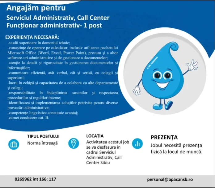 Anunț angajare apă canal Sibiu pentru post administrativ în Call Center
