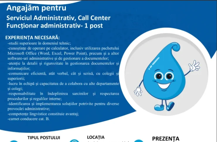 Apă Canal Sibiu angajează funcționar administrativ pentru Call Center