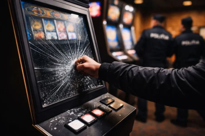 Slot machine cu ecranul spart, urmare a unui act de distrugere