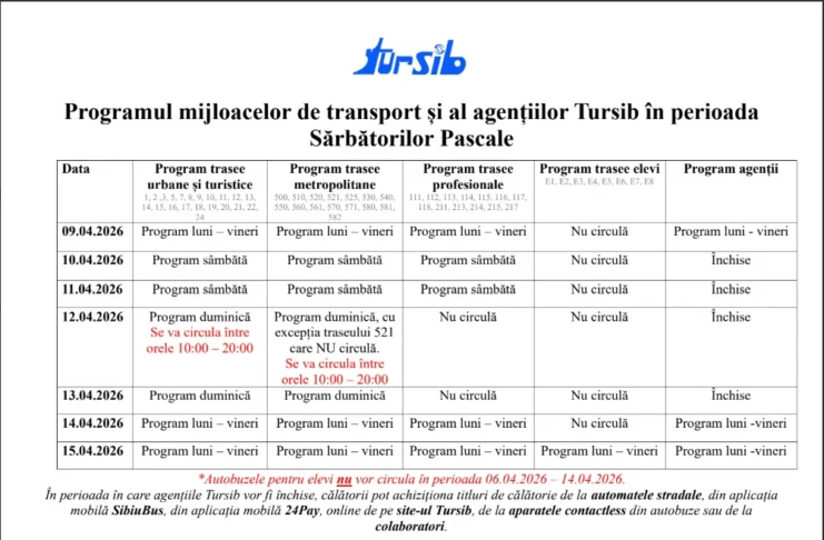 Program special Tursib în perioada Sărbătorilor Pascale 2026