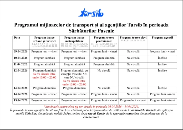 Program special Tursib în perioada Sărbătorilor Pascale 2026