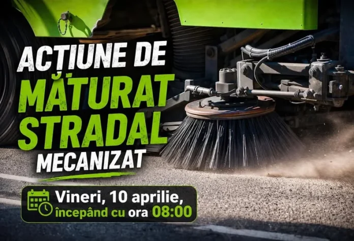 Muncitori efectuând măturat mecanizat pe străzile din Comuna Sadu