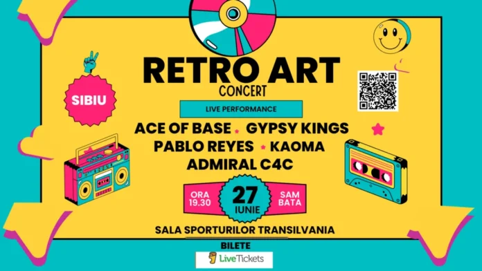Concert la festivalul Retro Art Sibiu, cu artiști pe scenă și publicul în atmosferă festivă.