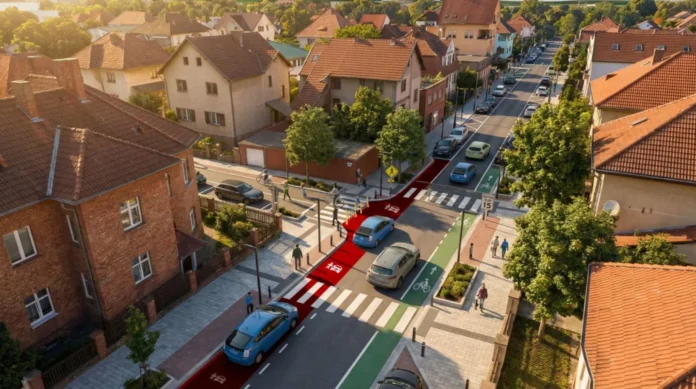 Proiect de stradă școlară pe Str. Al. Vlahuta, cu trotuare extinse și zone de parcare reamenajate.