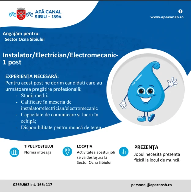 Apă Canal Sibiu angajează personal pentru sectorul Ocna Sibiului