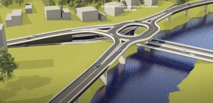 Vedere aeriană a zonei de intrare în Mediaș și traseul propus pentru centura ocolitoare