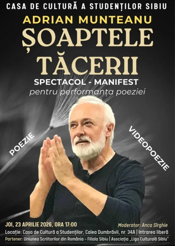 Actorul Adrian Munteanu în timpul spectacolului literar „Șoaptele tăcerii” la Casa de Cultură.