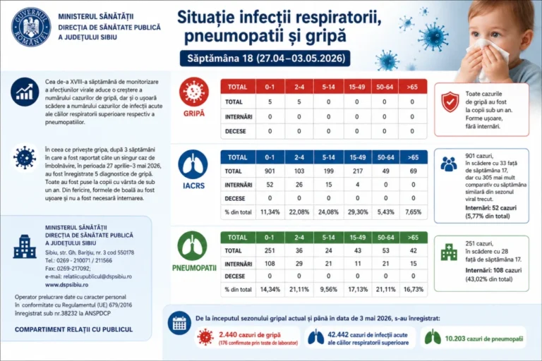 DSP Sibiu: Creștere a cazurilor de gripă în săptămâna 18, toate la copii sub un an