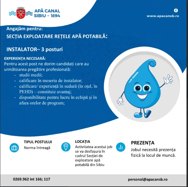Apă Canal Sibiu recrutează trei instalatori pentru Secția Exploatare Rețele Apă Potabilă