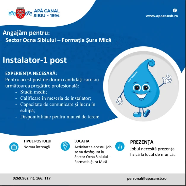 Loc de muncă disponibil la APĂ CANAL SIBIU. Se caută instalator pentru zona Ocna Sibiului – Șura Mică.