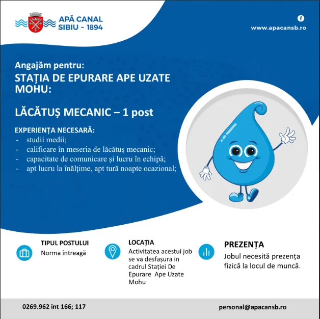 APĂ CANAL Sibiu angajează lăcătuș mecanic pentru Stația de Epurare Mohu