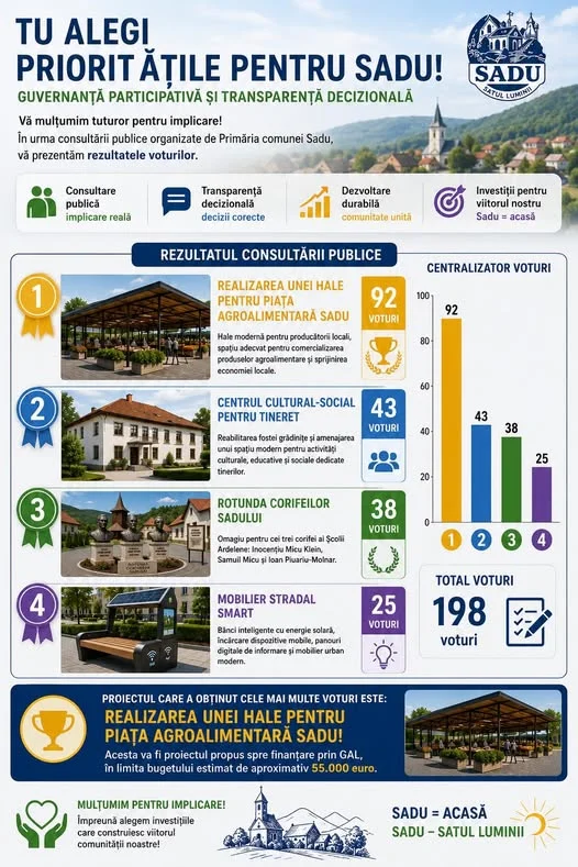 Locuitorii din Sadu au ales: hală pentru Piața Agroalimentară, proiectul preferat al comunității