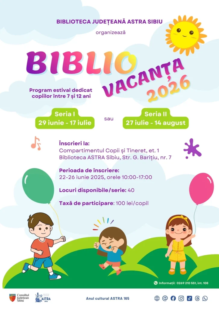Bibliovacanța 2026 revine la Biblioteca ASTRA Sibiu. Înscrierile încep din 22 iunie