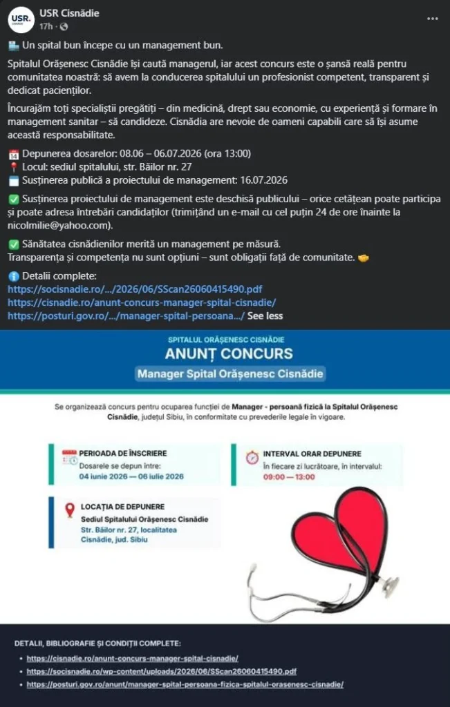 Andreea Zîmța critică promovarea concursului pentru șefia Spitalului Cisnădie pe pagina USR: „Rolul partidului nu este să țină locul instituțiilor publice”