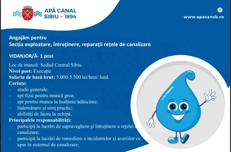 Apă Canal Sibiu angajează vidanjor pentru Secția de exploatare și întreținere a rețelelor de canalizare