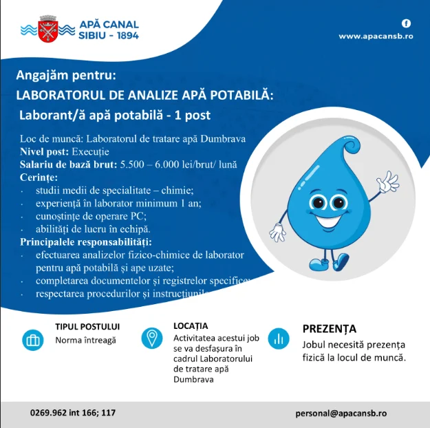 Apă Canal Sibiu angajează laborant pentru Laboratorul de Analize Apă Potabilă.