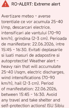 COD PORTOCALIU de vreme extremă în județul Sibiu. ISU Sibiu transmite recomandări pentru cetățeni!