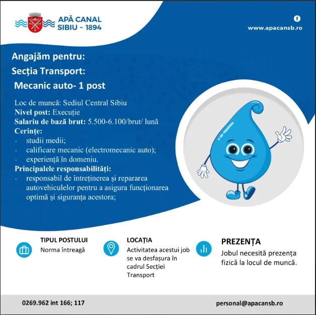 Apă Canal Sibiu angajează mecanic auto. Salariu de până la 6.100 de lei brut