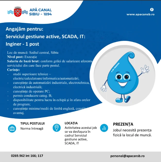Apă Canal Sibiu face angajări. Se caută inginer pentru serviciul SCADA și IT