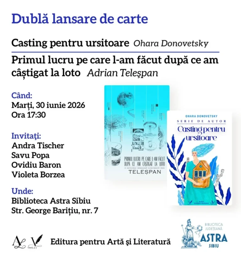 Lansare de carte la Biblioteca ASTRA Sibiu. Ohara Donovetsky și Adrian Teleșpan își întâlnesc cititorii, alături de invitați speciali