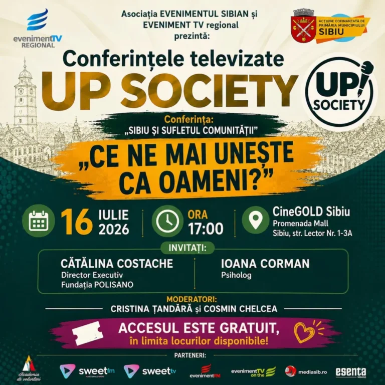 Două conferințe dedicate comunității și culturii au loc joi, la Sibiu, în cadrul proiectului „Up Society”. Accesul este gratuit