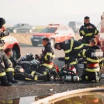 Echipă de pompieri coordonând intervenția la incendiu, hărți și echipament la bord