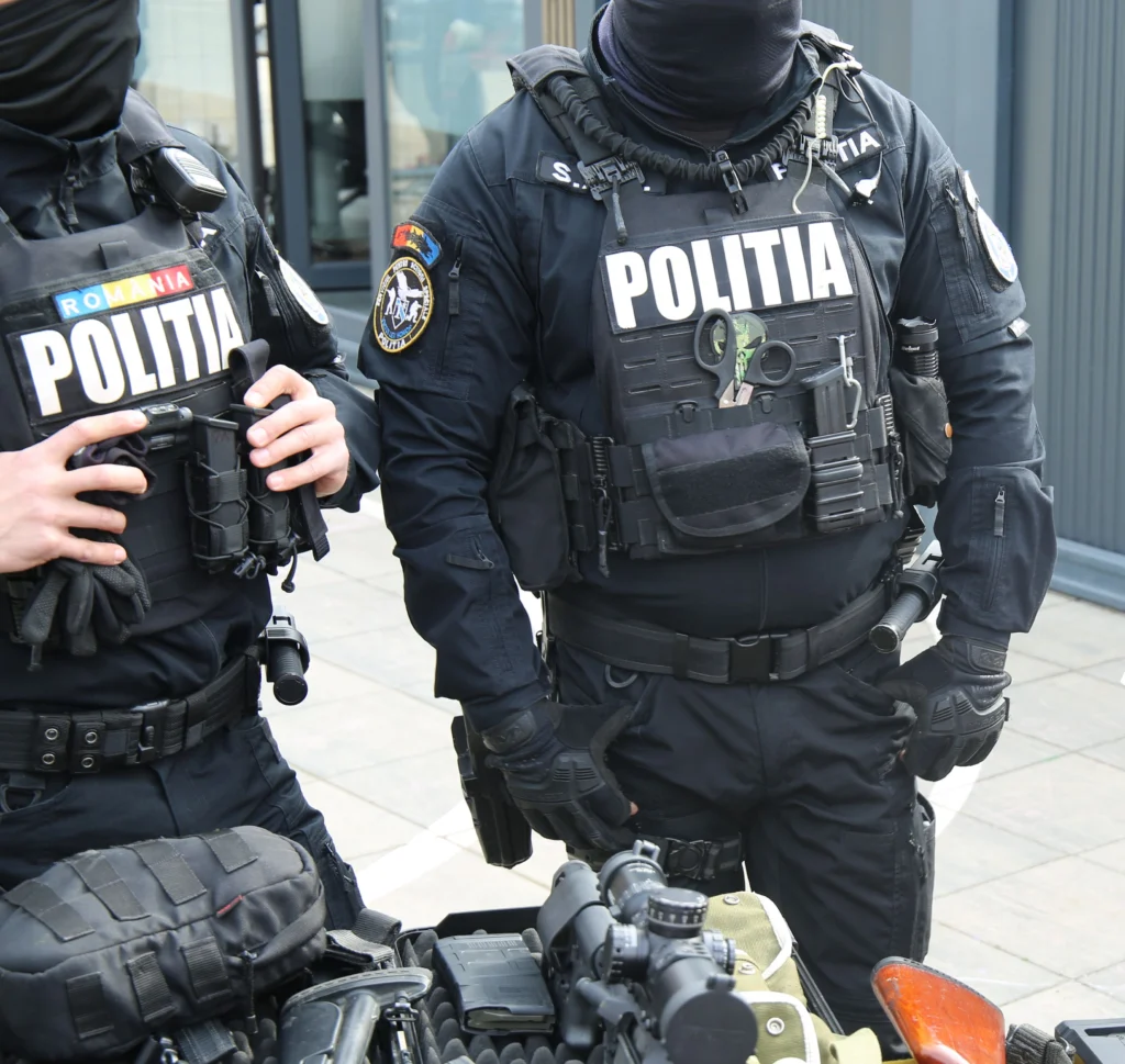 Polițiști IPJ Sibiu în timpul unei acțiuni, probabil în fața sediului instituției
