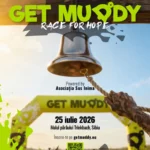 Afisul color al cursei cu obstacole Get Muddy Sibiu, cu data și locația evenimentului.