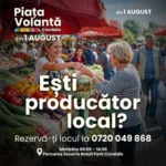 Piața Volantă Cisnădie plină cu tarabe și clienți în căutare de produse locale proaspete.