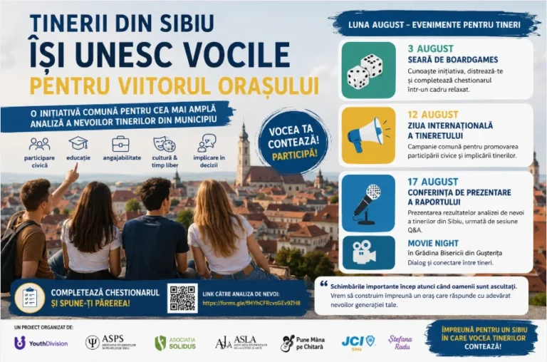 Tinerii din Sibiu sunt invitați să-și spună părerea despre viitorul orașului. O amplă analiză a nevoilor lor va sta la baza unor viitoare politici publice