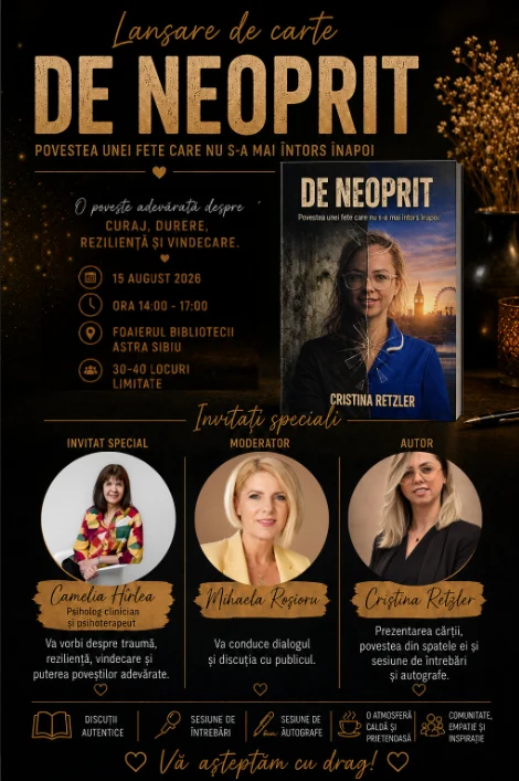 Lansare de carte la Biblioteca ASTRA Sibiu. Cristina Retzler își prezintă volumul autobiografic „De Neoprit”