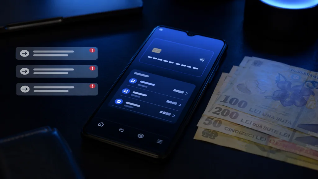 Ilustrație conceptuală reprezentând transferuri frauduloase de bani într-un context bancar digital