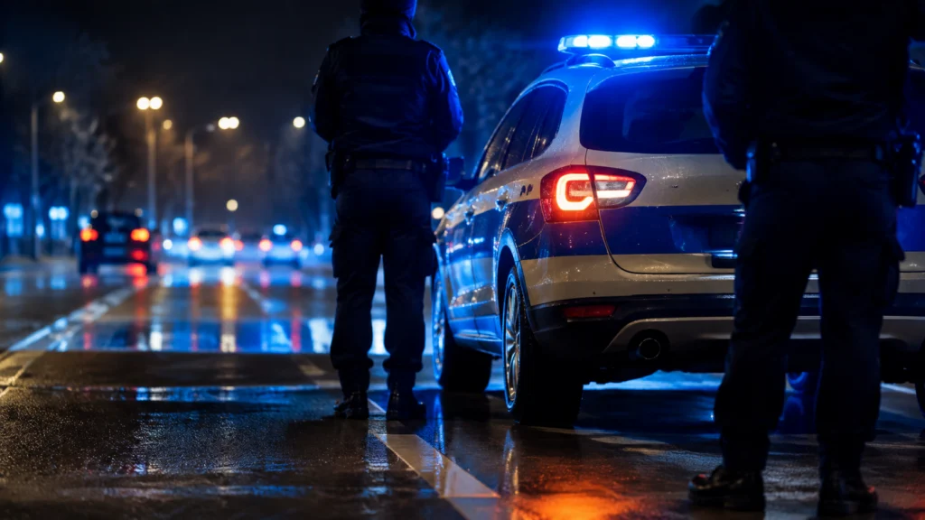 Poliție noaptea în Sibiu după arestarea preventivă a suspectului de agresiune.